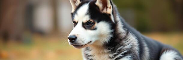 Cute Adorable Siberian Husky Puppy Close-Up in Nature with Playful Expression and Fluffy Fur photo