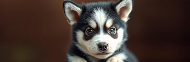 Cute and Adorable Puppy Portrait with Blue Eyes and Fluffy Fur on a Brown Background photo