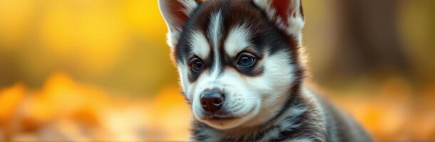 Cute and Adorable Puppy Portrait. Fluffy Baby Husky with Blue Eyes in Autumn Leaves Background photo