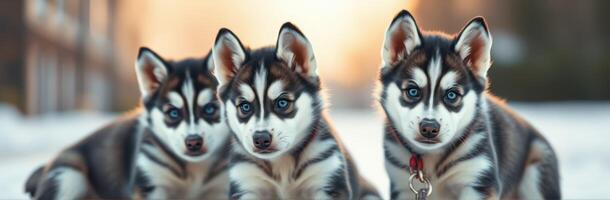 Three Adorable Huskies with Blue Eyes Playing in Snowy Winter Wonderland - Cute Puppies Portraits and Happy Pets in Nature Setting photo