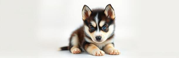 Cute Puppy Portrait with Blue Eyes on White Background - Adorable Fluffy Dog Close-Up in Pet Photography photo