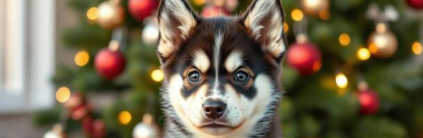 Siberian Husky Puppy by Christmas Tree. Adorable Holiday Pet Portrait with Festive Decorations and Bokeh Lights photo