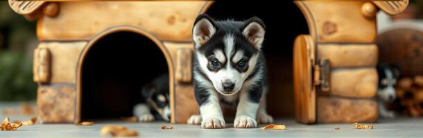 Cute and Adorable Puppy Eyes of a Fluffy Siberian Husky in a Wooden Doghouse - Perfect Family Pet and Loyal Companion photo