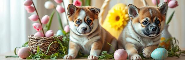 Cute Puppies in Easter Basket Surrounded by Pastel Colors, Flowers, and Decorative Eggs for a Joyful Spring Holiday photo