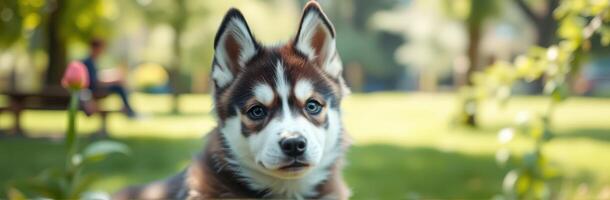 Siberian Husky Puppy Playing in Greenery at Park with Tulips and Blurred Background photo