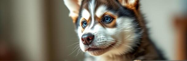 Cute and Adorable Close-Up Portrait of a Playful Siberian Husky Puppy with Blue Eyes Sitting Indoors photo