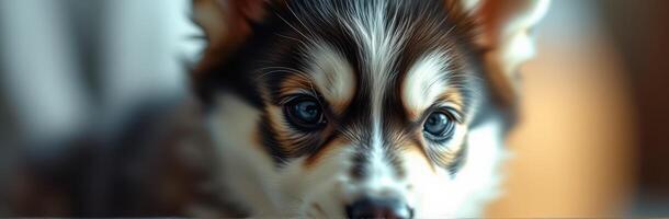 Cute and Adorable Puppy Close-Up. Captivating Fluffy Dog Face with Charming Eyes and Playful Expression photo