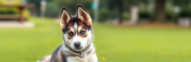 Cute Siberian Husky Puppy Portrait in Green Field with Happy Expression and Alert Eyes photo