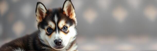 Cute and Adorable Blue-Eyed Puppy Portrait - Playful Siberian Husky Close-Up with Furry Ears and Snuggly Face on Warm Colored Background photo
