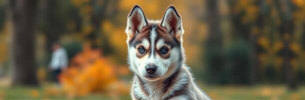 Cute Puppy Siberian Husky with Blue Eyes in Autumn Park Setting with Blurred Background photo