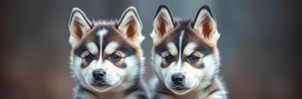 Cute Twin Huskies Portrait in Forest - Adorable Fluffy Puppies with Blue Eyes and Brown White Fur, Playful Companionship and Loyalty in Nature photo