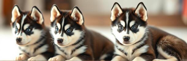 Three Adorable Blue-Eyed Husky Puppies - Cute and Cuddly Pets in an Indoor Setting photo