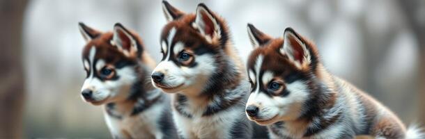 Adorable Siberian Husky Puppies Trio with Blue Eyes in Nature Background - Cute and Fluffy Playful Pups for Pet Photography photo