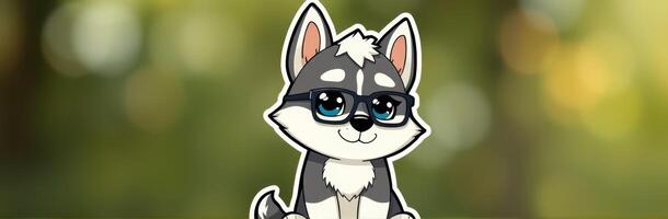 Cute Cartoon Illustration of a Happy Husky Dog Character with Glasses on a Green Background photo