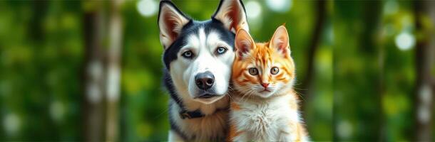 Close-Up Portrait of Happy Siberian Husky and Ginger Cat Snuggling in Greenery, Adorable Animal Companionship in Nature photo