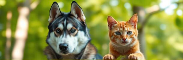 Dog and Cat Friendship. Adorable Siberian Husky and Orange Tabby in a Beautiful Forest Setting photo