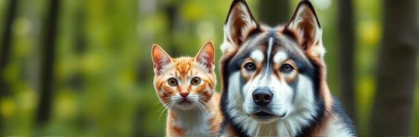 Cute Cat and Dog Companions in a Lush Forest Setting. Adorable Pair Bonding Outdoors with Natural Greenery and Dynamic Fur Patterns photo