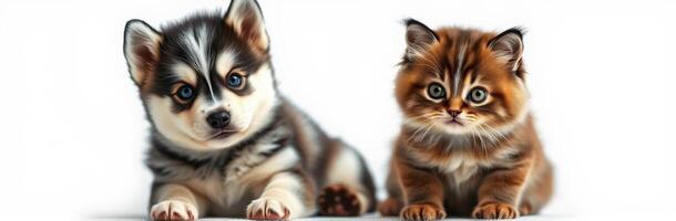 Puppy and Kitten Portrait. Adorable Pets Showcasing Animal Companionship and Cute Friendship on a White Background photo