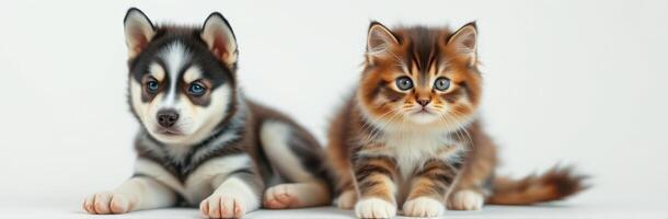 Puppy and Kitten Cuddle Buddies. Adorable Fluffy Duo with Blue Eyes and Soft Fur in Natural Light photo