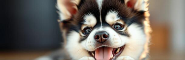 Cute Happy Puppy Close-Up Portrait - Adorable Furry Canine with Playful Expression and Tiny Paws Indoors photo