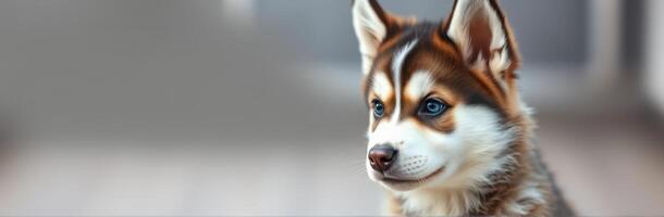 Cute and Adorable Puppy Headshot. Playful Siberian Husky with Fluffy Brown and White Fur and Blue Eyes Indoors photo