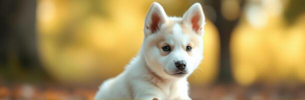 Cute Fluffy Puppy Huskie Mixed Breed Playfully Jumping in Autumn Leaves During Golden Hour photo