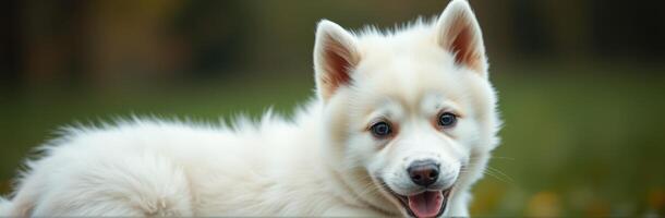 Cute and Playful White Puppy Portrait in a Lush Garden Setting on a Sunny Day photo