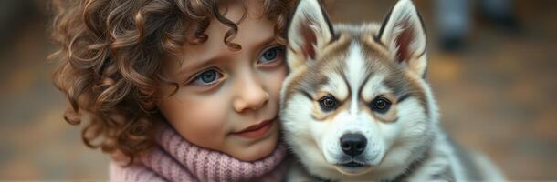 Child and Puppy Friendship. Adorable Closeup of a Happy Little Girl Hugging Her Furry Siberian Husky in Warm Colors photo