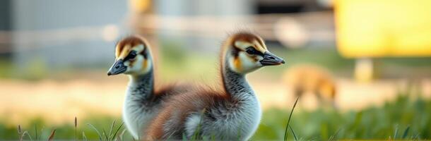 Cute Baby Ducklings Playing in Nature. Adorable Wildlife Photography of Fluffy Duckling Pair on Green Grass with Soft Focus Bokeh Background photo