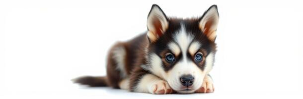 Cute and Playful Siberian Husky Puppy with Adorable Blue Eyes and Fluffy Fur on a White Background photo