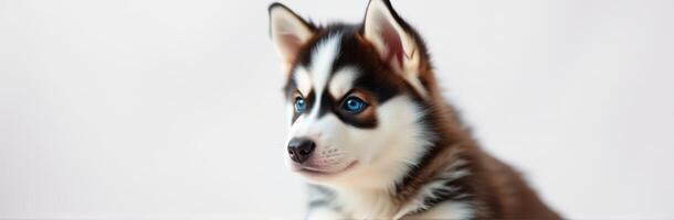 Cute Siberian Husky Puppy with Blue Eyes and Furry Fluff on White Background photo