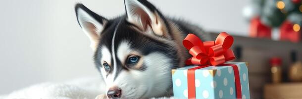 Adorable Siberian Husky Puppy Snuggling with Colorful Gift Box and Red Bow for Festive Holiday Celebration photo