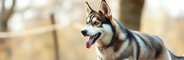 Siberian Husky Dog Portrait in Nature with Blurred Background and Playful Expression photo