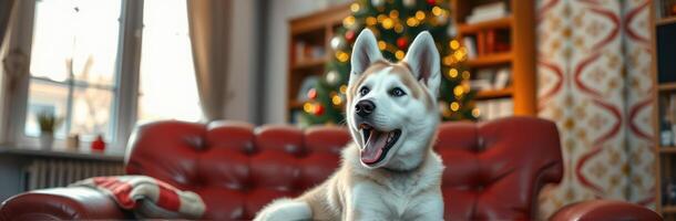 Siberian Husky Puppy Smiling on Couch with Christmas Decorations in Cozy Living Room photo