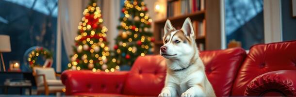 Cozy Christmas Scene with a Happy Husky by the Christmas Tree Decorated with Bright Lights and Festive Decorations photo