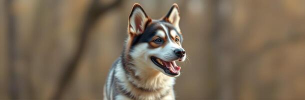 Happy Mixed Breed Siberian Husky Dog Portrait in Nature During Golden Hour with Fluffy Fur and Vibrant Bokeh Background photo