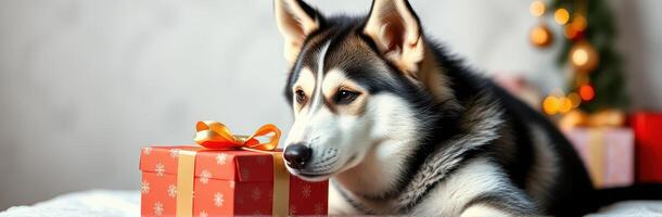 Cute Husky Dog with Gift Box in Festive Holiday Setting with Christmas Tree and Snowflakes photo