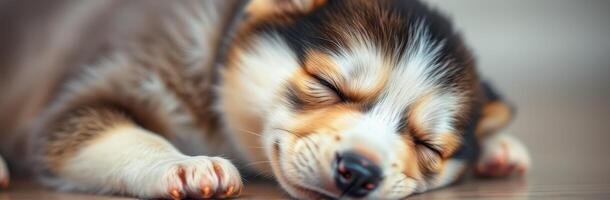 Cute Sleeping Puppy. Adorable Fluffy Canine Napping Peacefully at Home photo