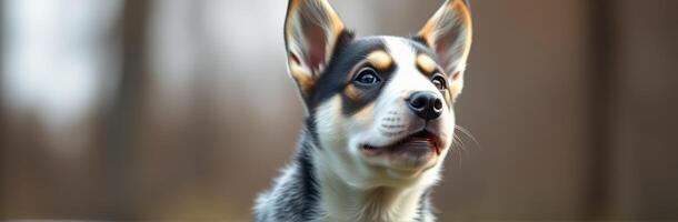 Cute and Adorable Tri-Color Puppy Portrait with Alert Expression in Natural Light - Close-Up Photo of a Happy Dog Against a Blurred Bokeh Background