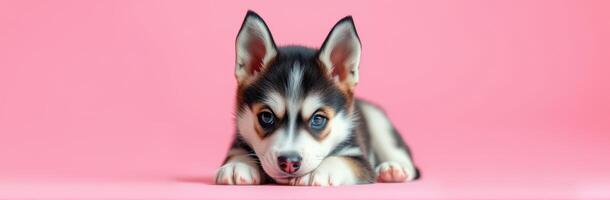 Cute and Adorable Puppy with Playful Expression on Pink Background - Furry Dog Photography for Dog Lovers and Pet Care photo
