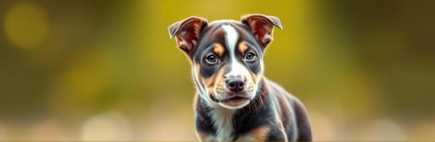 Adorable Brown Puppy Portrait Outdoors with Alert Expression and Bokeh Effect in Green Nature Space photo