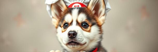 Cute Puppy Corgi in Chef Hat. Adorable Pet Costume with Playful Expression in Kitchen Theme Photo