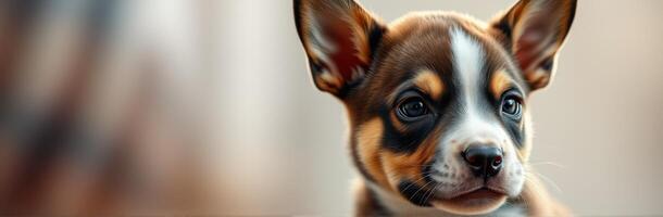 Cute and Adorable Puppy Portrait - Closeup of Brown and White Little Dog with Vibrant Soft Colors and Tender Expression in Nature Background photo