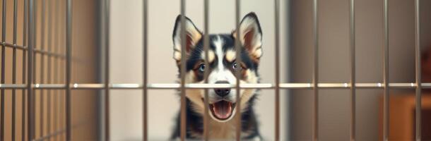 Cute Puppy in Cage at Animal Shelter. Adorable Canine Portrait with Playful Eyes and Furry Ears photo