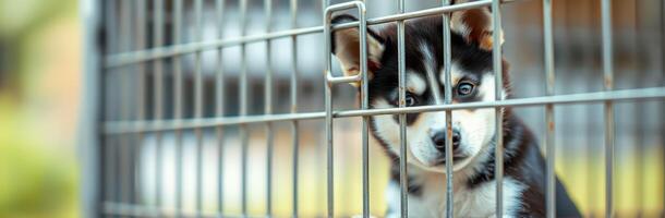 Sad Puppy in Cage at Animal Shelter. A Hopeful Canine Awaiting Adoption Behind Iron Bars photo