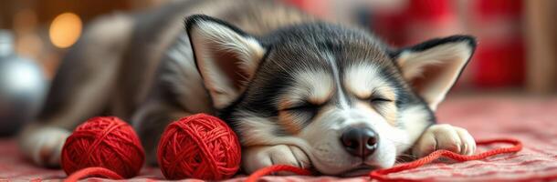 Sleeping Husky Puppy Surrounded by Yarn Balls in a Cozy Scene. Adorable and Fluffy Dog Nap Photo with Tender Moments and Warm Lighting