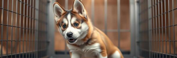 Cute Playful Puppy Dog with Blue Eyes in Cage Awaiting Pet Adoption at Animal Shelter photo