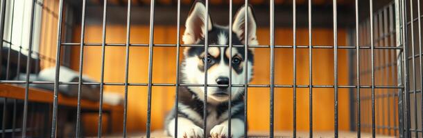 Adorable Puppy with Sad Eyes in Cage at Animal Shelter. A Heartfelt Portrait of Pet Adoption and Loyalty photo