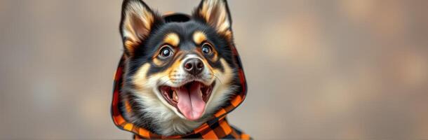 Cute Smiling Chihuahua in Orange Plaid Hoodie. Close-Up Portrait of a Joyful Dressed Dog with Happy Expression photo