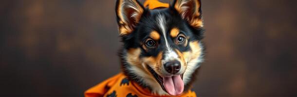 Cute Puppy in Halloween Costume - Adorable Corgi-Like Dog Smiling in Orange Outfit Against Brown Background photo